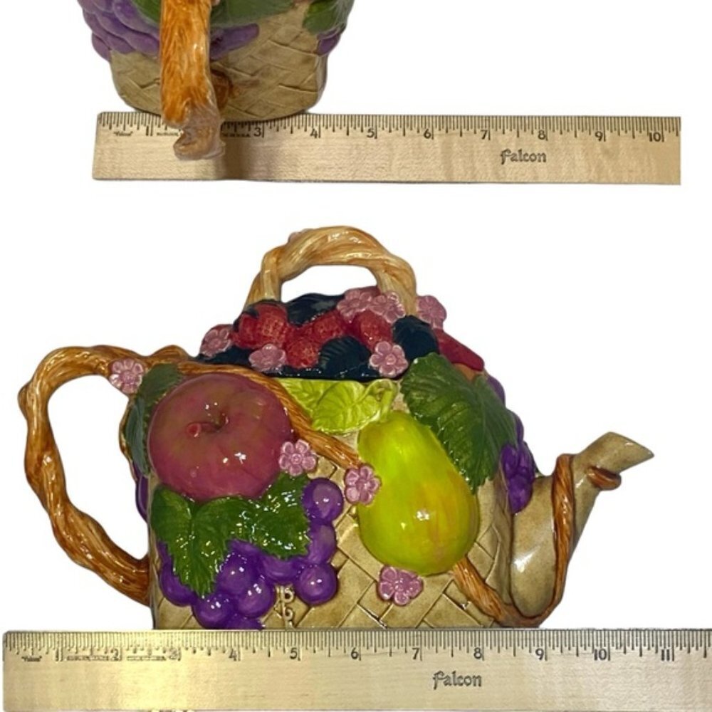 Vintage Large Hand Crafted Teapot Fruit Lattice Basket Artisanal Ceramic 1994 - Picture 8 of 15